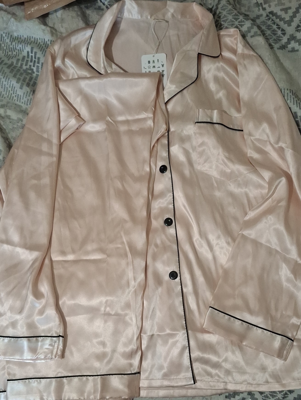 Women's Light Pink Satin Set with Black Piping
